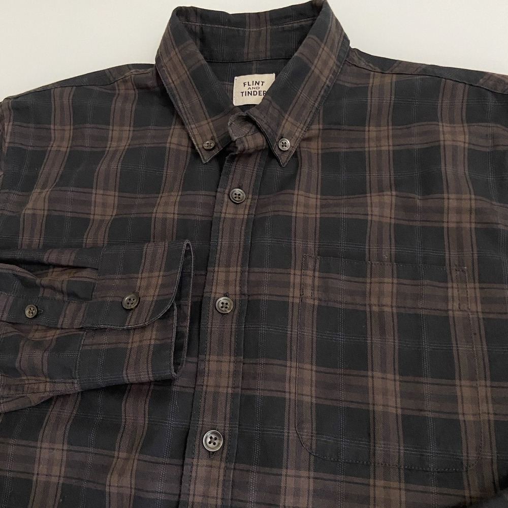 Flint and Tinder Shirt Men's Brown Black Plaid Button Down Long Sleeve Casual‎
